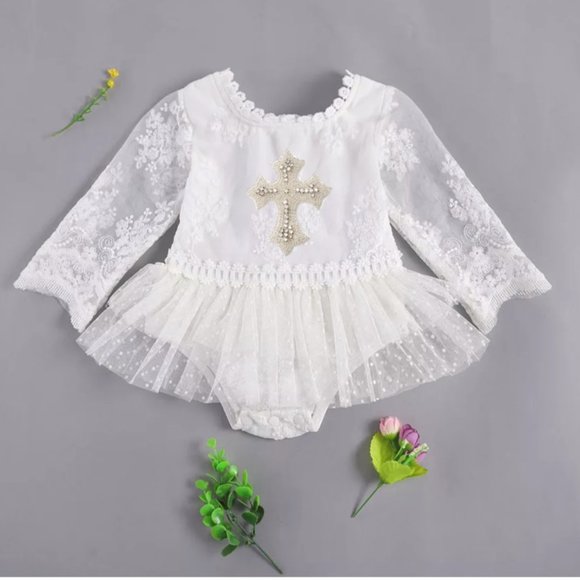 White Lace Long Sleeve Girl Clothes Christening Dress Baptism outfit romper